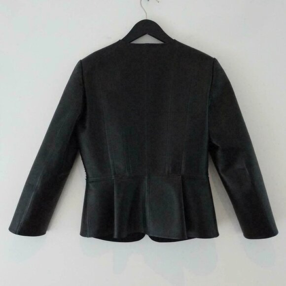 NWT OSCAR DE LA RENTA Black Leather & Boucle Twill Tweed Zip Front Jacket 8 - Picture 7 of 8